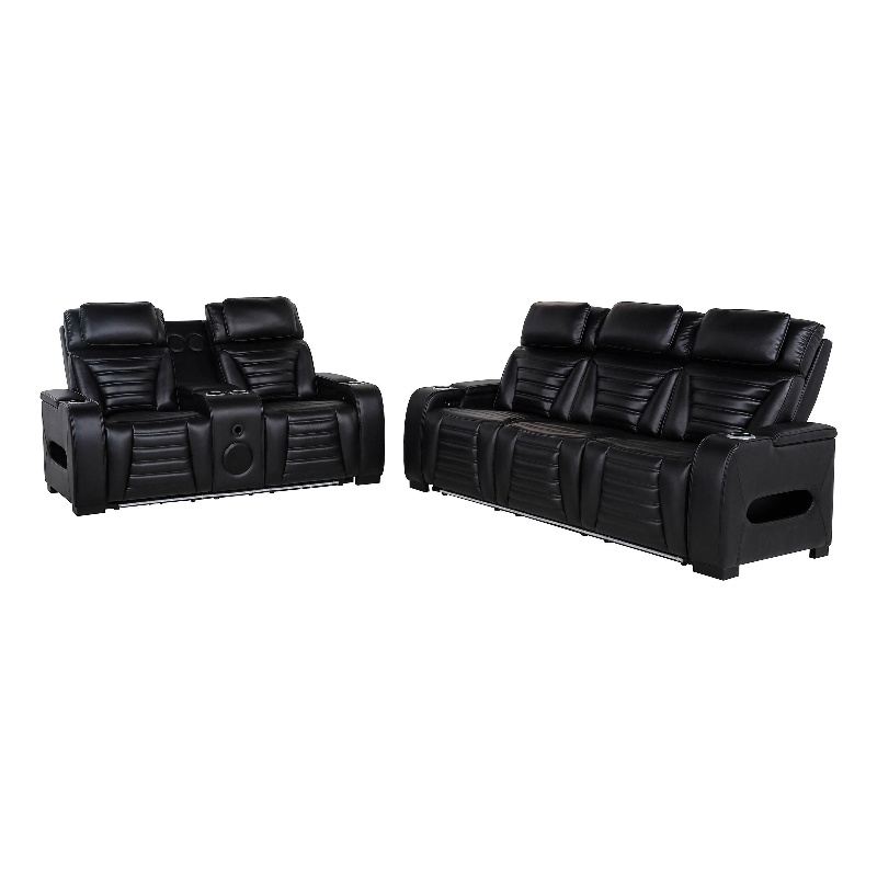 Pemberly Row 2-Piece Faux Leather Dual Power LED Sofa Set in Black