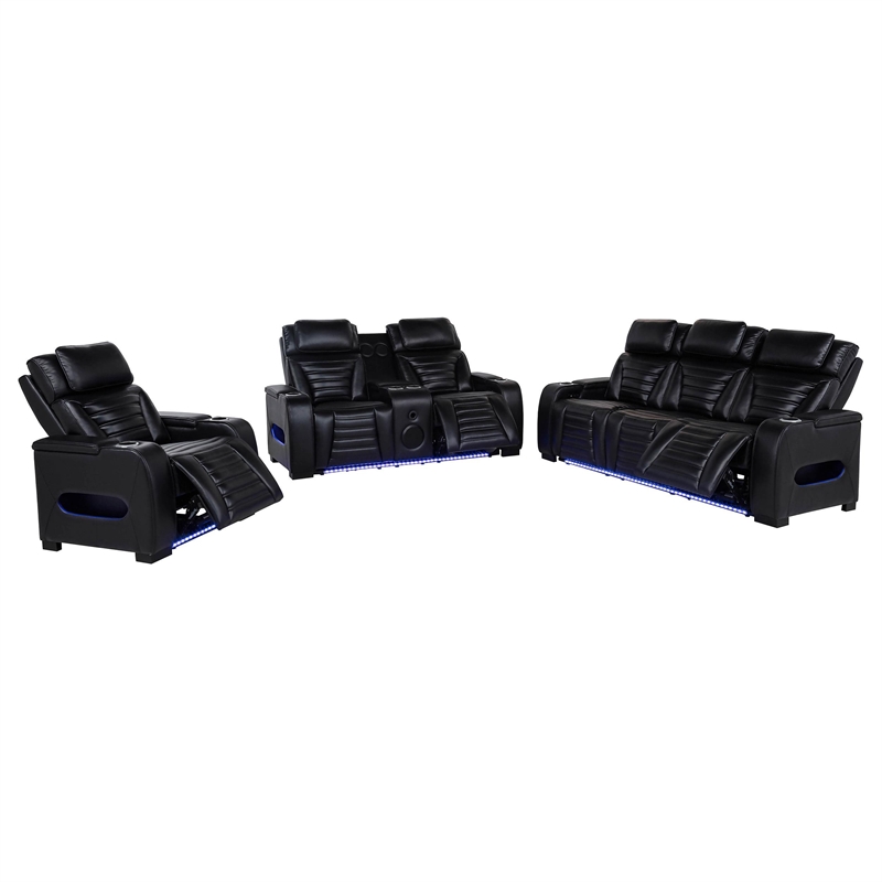 Pemberly Row 3-Piece Faux Leather Dual Power LED Sofa Set in Black