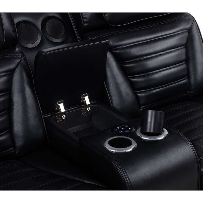 Pemberly Row 3-Piece Faux Leather Dual Power LED Sofa Set in Black