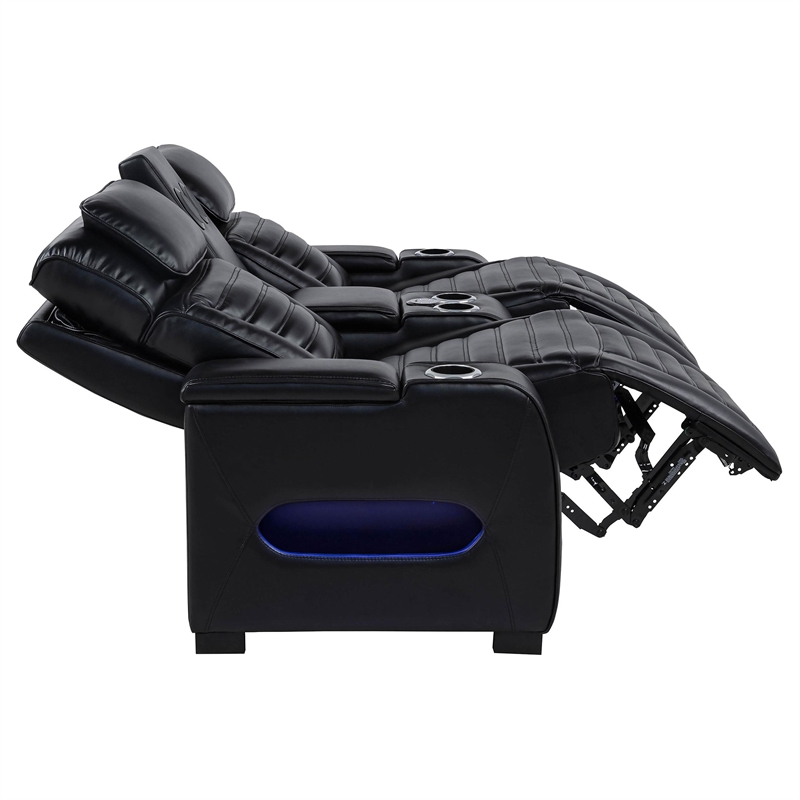 Pemberly Row 3-Piece Faux Leather Dual Power LED Sofa Set in Black