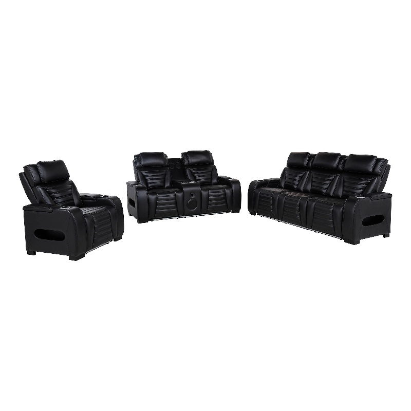 Pemberly Row 3-Piece Faux Leather Dual Power LED Sofa Set in Black