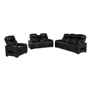 Pemberly Row 3-Piece Faux Leather Dual Power LED Sofa Set in Black