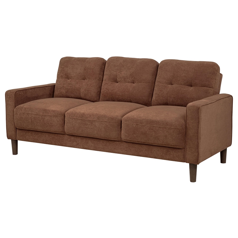 Pemberly Row Transitional Tufted Fabric Track Arm Sofa in Rust Brown