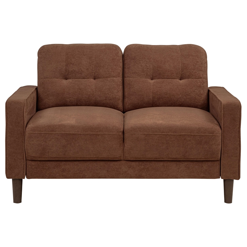 Pemberly Row Transitional Tufted Fabric Track Arm Loveseat in Rust Brown