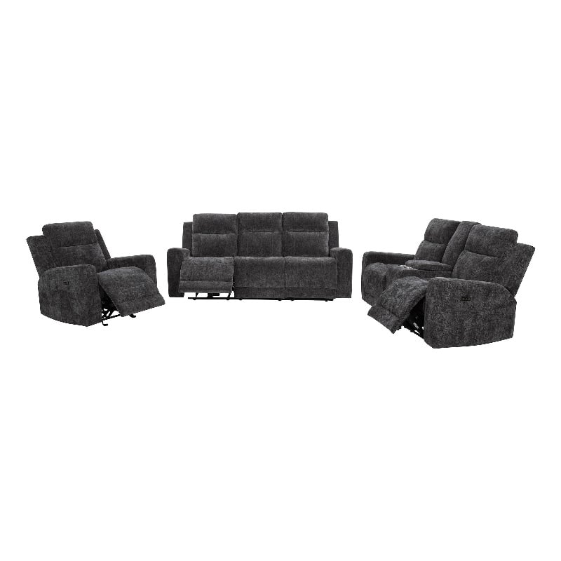 Pemberly Row 3-Piece Chenille Power Reclining Sofa Set in Dark Gray
