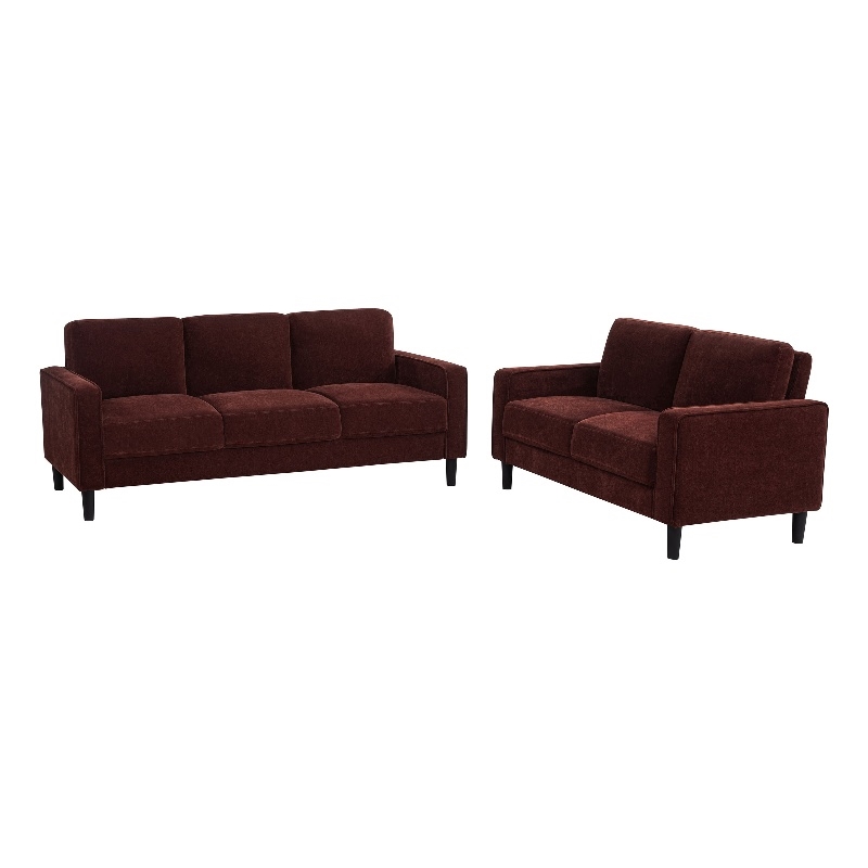 Pemberly Row 2-Piece Upholstered Fabric Track Arm Sofa Set in Rust Red