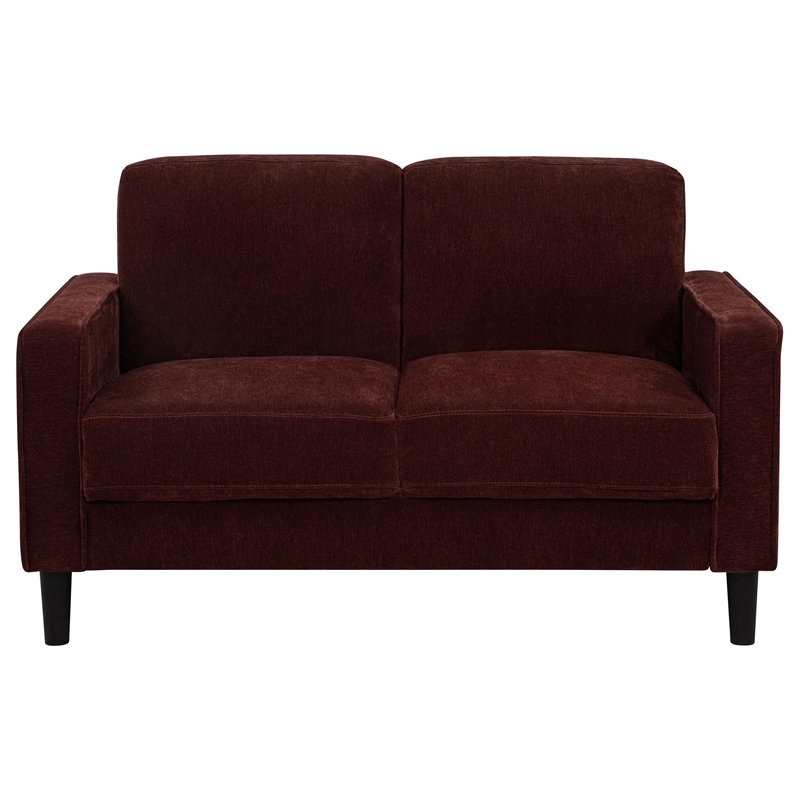 Pemberly Row Transitional Fabric Track Arm Loveseat in Rust Red