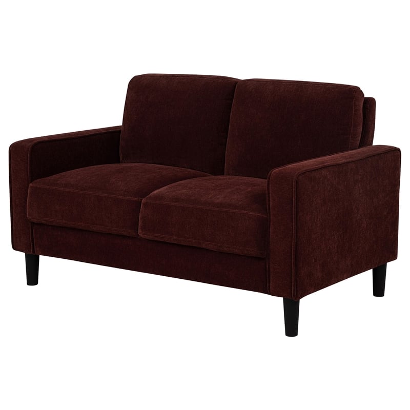 Pemberly Row Transitional Fabric Track Arm Loveseat in Rust Red
