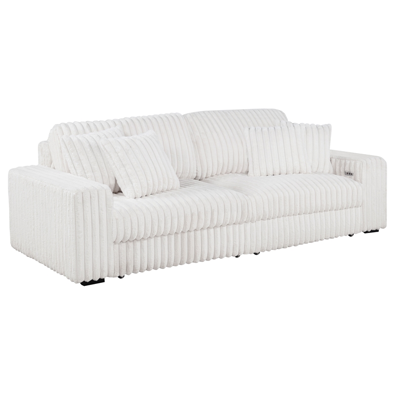 Pemberly Row Channel Tufted Fabric Dual Power Chaise Sofa in Ivory White
