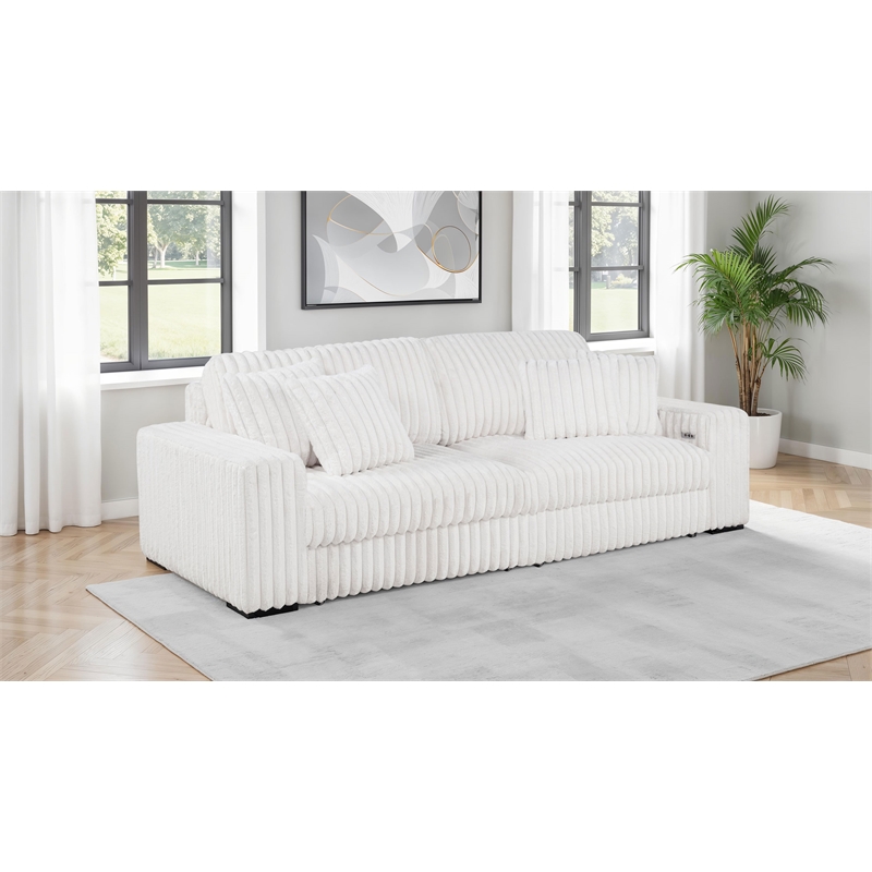 Pemberly Row Channel Tufted Fabric Dual Power Chaise Sofa in Ivory White