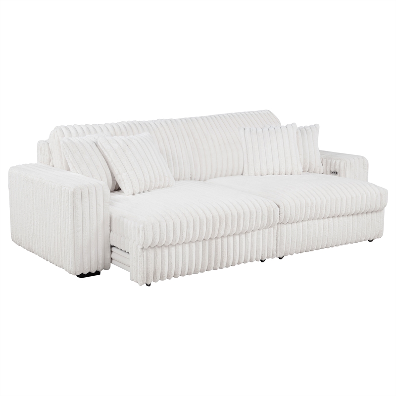 Pemberly Row Channel Tufted Fabric Dual Power Chaise Sofa in Ivory White