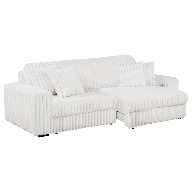 Pemberly Row Channel Tufted Fabric Dual Power Chaise Sofa in Ivory White