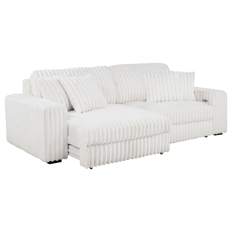 Pemberly Row Channel Tufted Fabric Dual Power Chaise Sofa in Ivory White