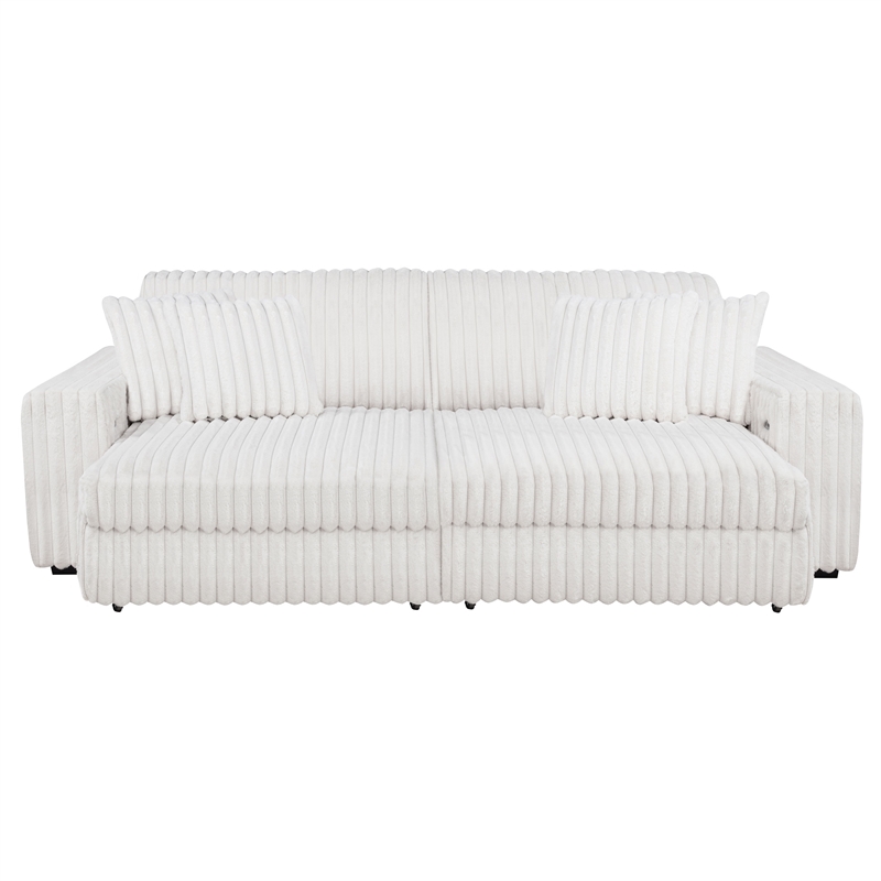 Pemberly Row Channel Tufted Fabric Dual Power Chaise Sofa in Ivory White