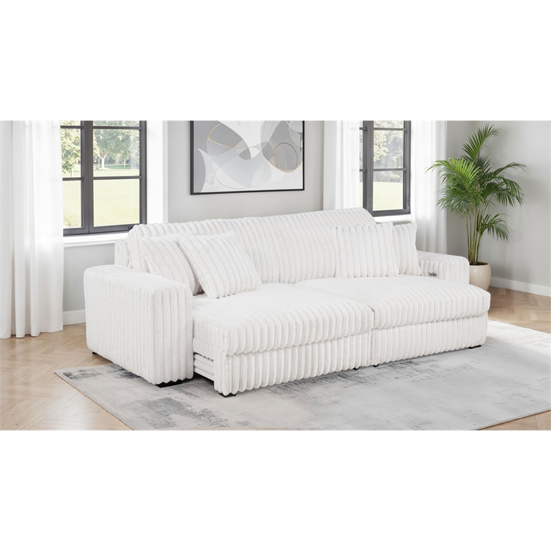 Pemberly Row Channel Tufted Fabric Dual Power Chaise Sofa in Ivory White