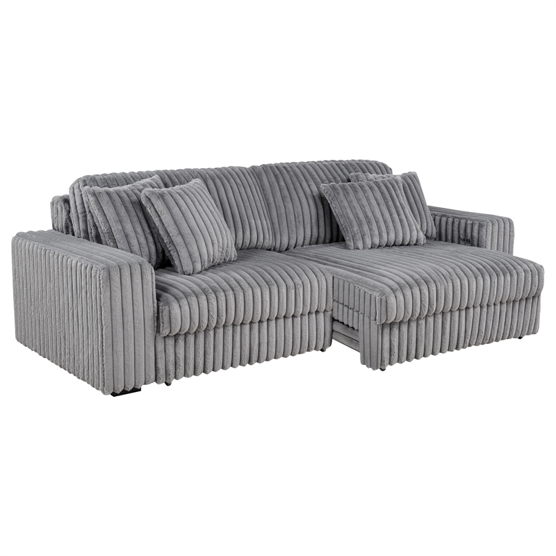Pemberly Row Channel Tufted Fabric Dual Power Chaise Sofa in Gray