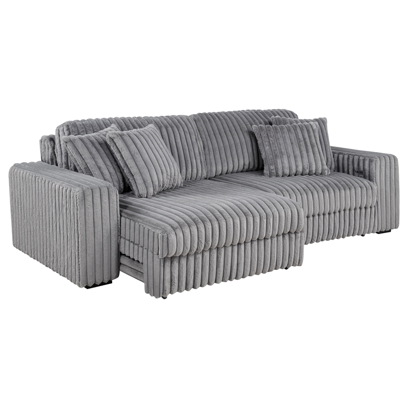 Pemberly Row Channel Tufted Fabric Dual Power Chaise Sofa in Gray