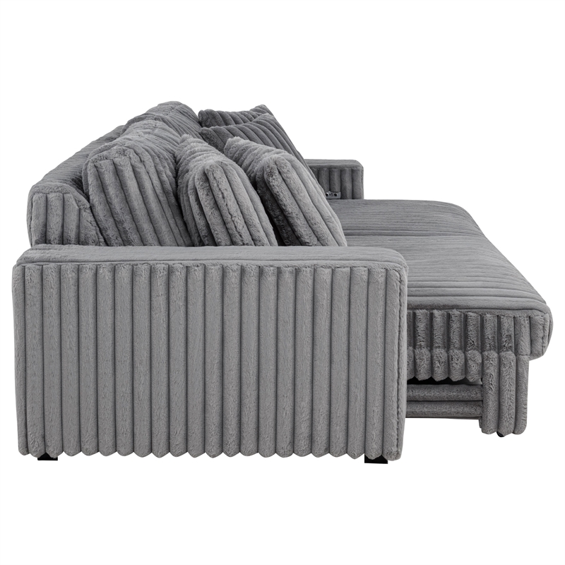 Pemberly Row Channel Tufted Fabric Dual Power Chaise Sofa in Gray