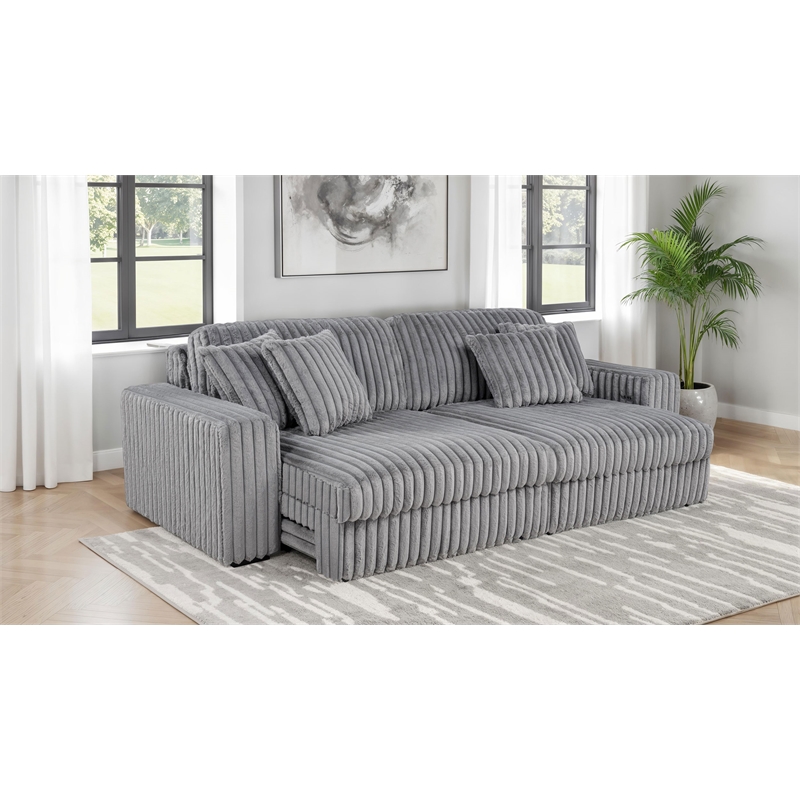 Pemberly Row Channel Tufted Fabric Dual Power Chaise Sofa in Gray