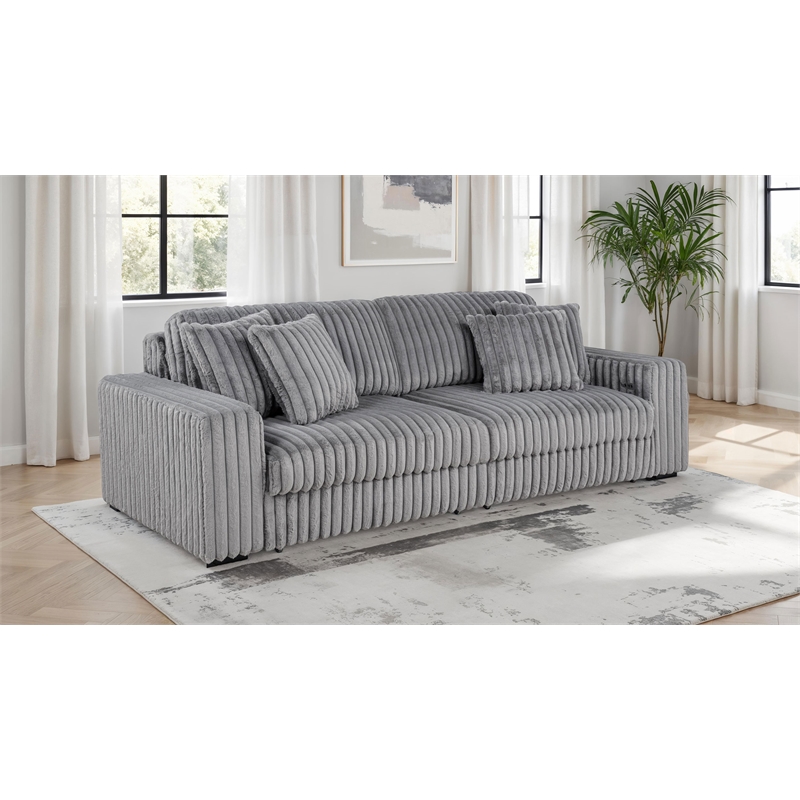 Pemberly Row Channel Tufted Fabric Dual Power Chaise Sofa in Gray