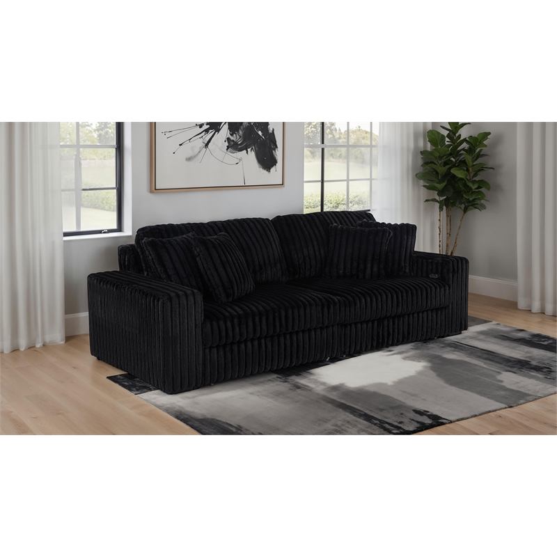 Pemberly Row Channel Tufted Fabric Dual Power Chaise Sofa in Black