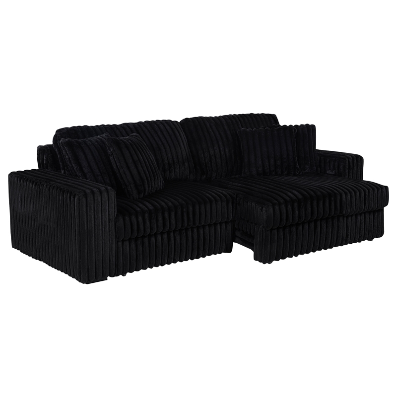 Pemberly Row Channel Tufted Fabric Dual Power Chaise Sofa in Black