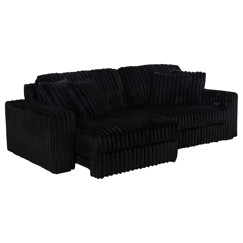 Pemberly Row Channel Tufted Fabric Dual Power Chaise Sofa in Black