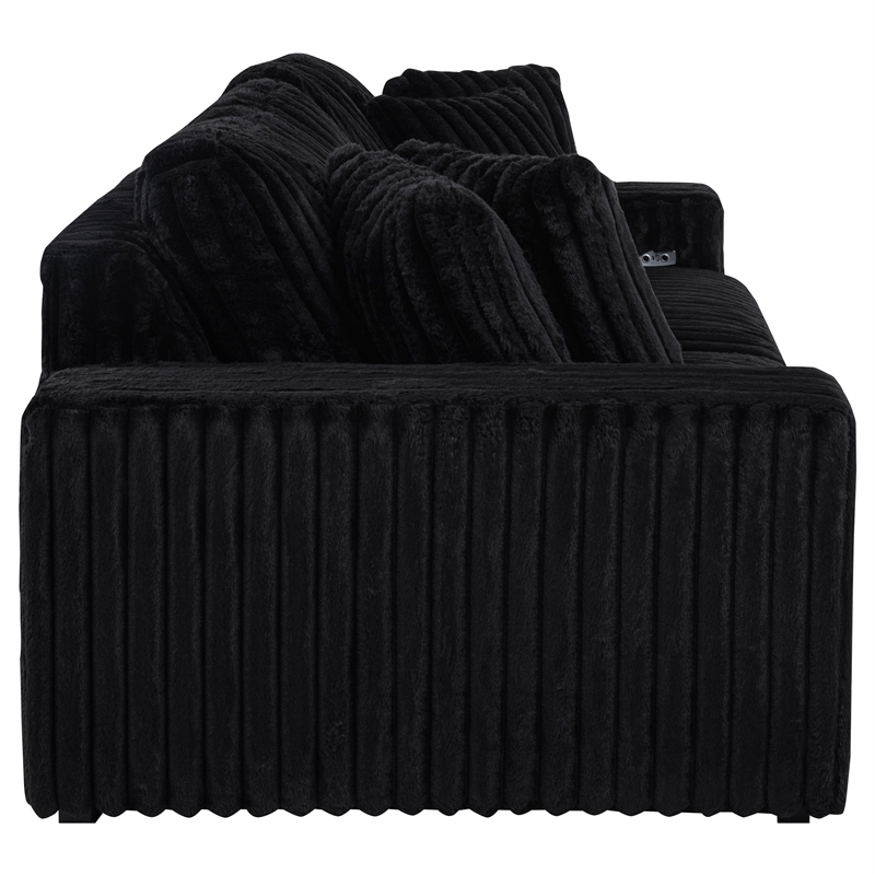 Pemberly Row Channel Tufted Fabric Dual Power Chaise Sofa in Black