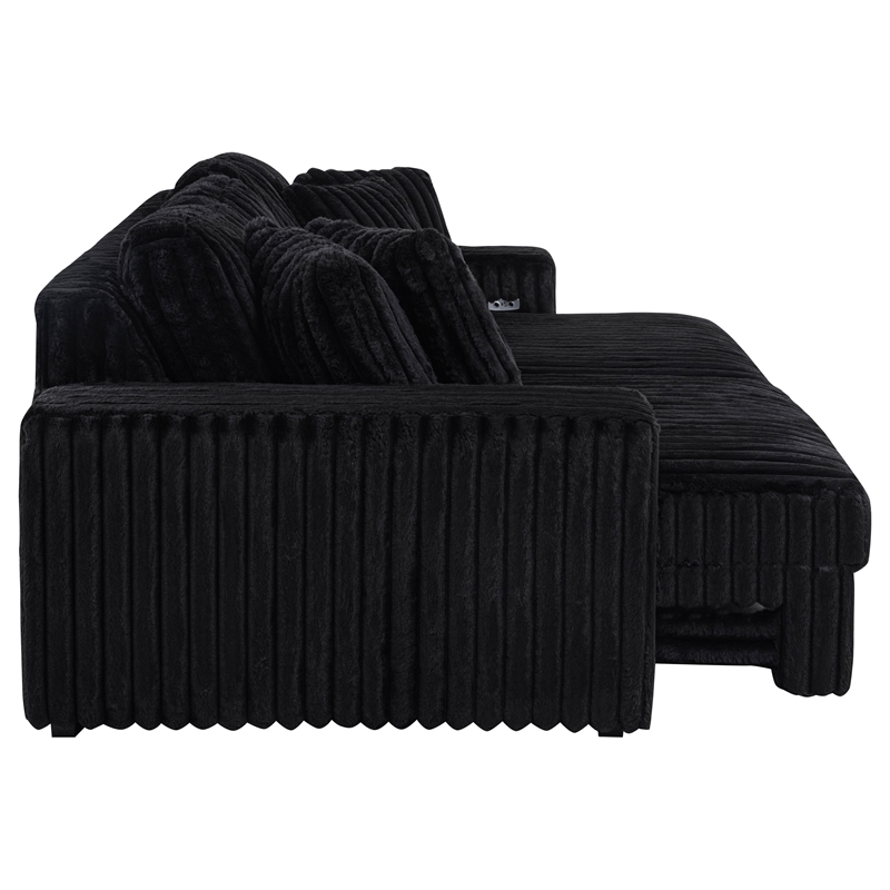 Pemberly Row Channel Tufted Fabric Dual Power Chaise Sofa in Black