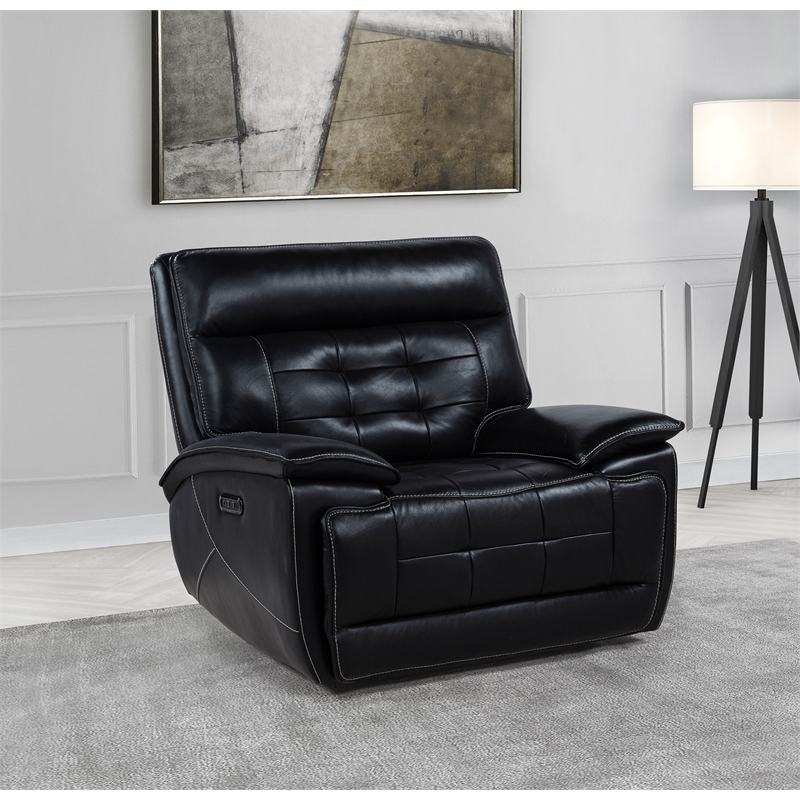 Pemberly Row Transitional Tufted Leather Dual Power Recliner Chair in Black