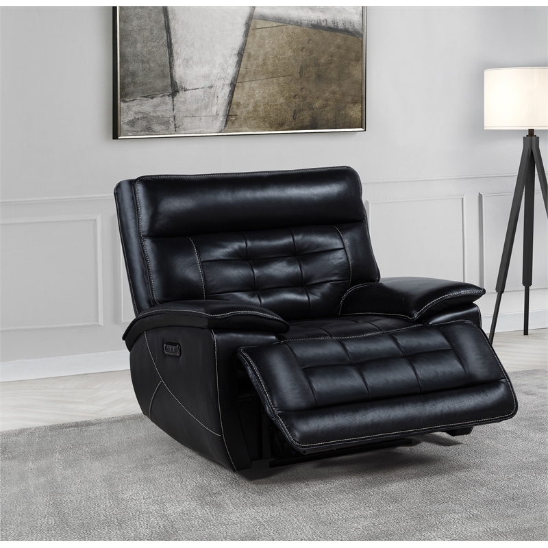 Pemberly Row Transitional Tufted Leather Dual Power Recliner Chair in Black