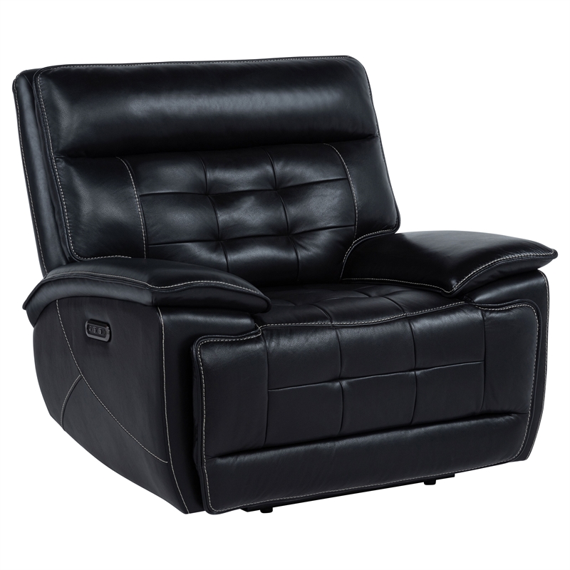 Pemberly Row Transitional Tufted Leather Dual Power Recliner Chair in Black