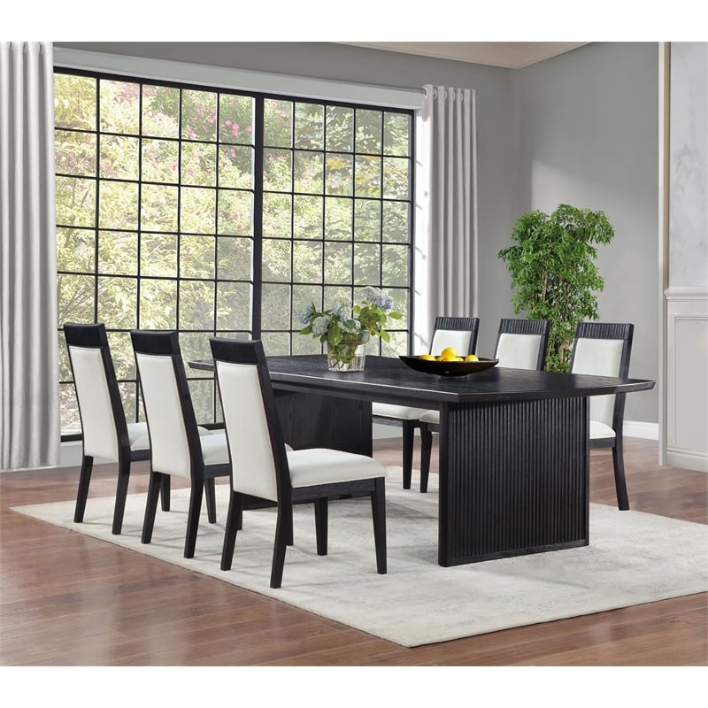 Pemberly Row 7-Piece Wood Extension Leaf Dining Table Set in Black/Ivory