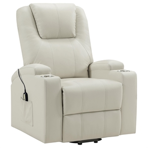 Pemberly Row Transitional Faux Leather Power Lift Massage Recliner in Ivory