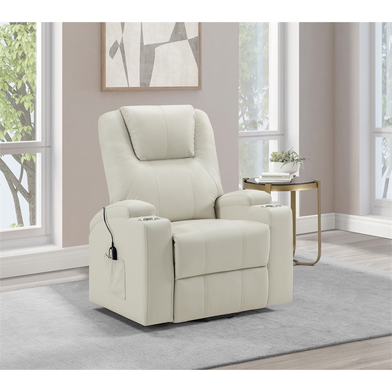 Pemberly Row Transitional Faux Leather Power Lift Massage Recliner in Ivory