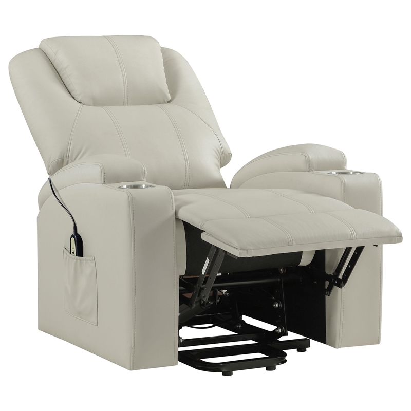 Pemberly Row Transitional Faux Leather Power Lift Massage Recliner in Ivory