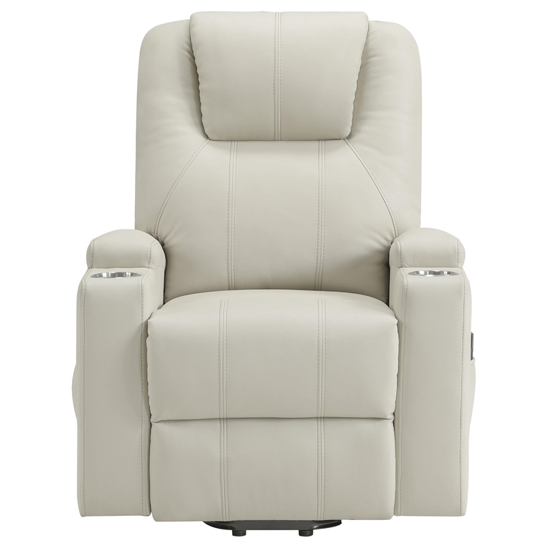 Pemberly Row Transitional Faux Leather Power Lift Massage Recliner in Ivory