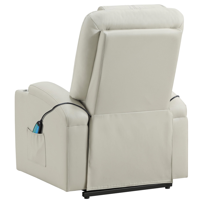 Pemberly Row Transitional Faux Leather Power Lift Massage Recliner in Ivory