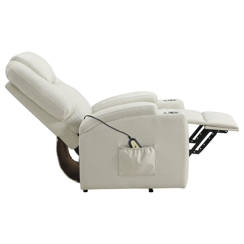 Pemberly Row Transitional Faux Leather Power Lift Massage Recliner in Ivory