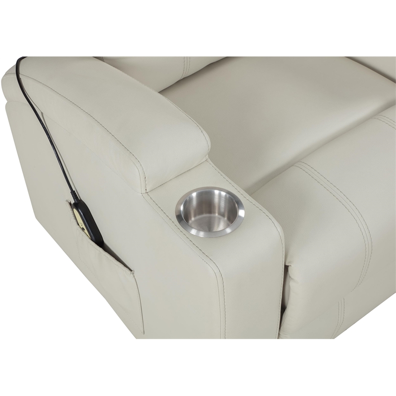 Pemberly Row Transitional Faux Leather Power Lift Massage Recliner in Ivory