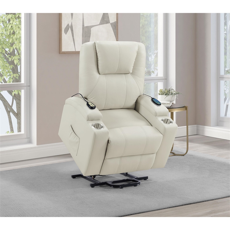 Pemberly Row Transitional Faux Leather Power Lift Massage Recliner in Ivory
