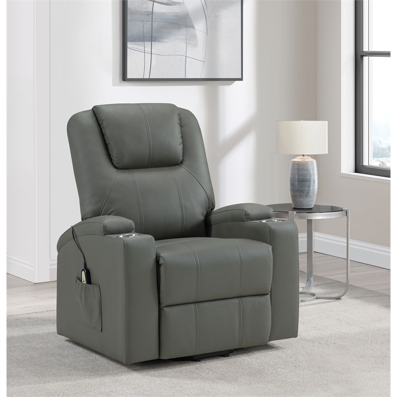 Pemberly Row Transitional Faux Leather Power Lift Massage Recliner in Gray
