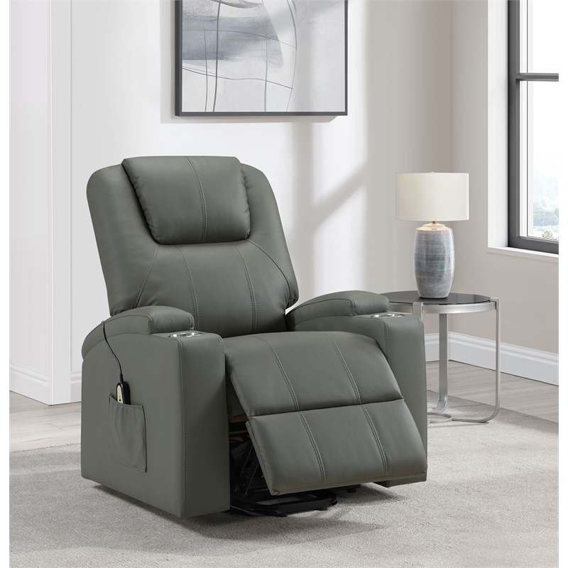 Pemberly Row Transitional Faux Leather Power Lift Massage Recliner in Gray
