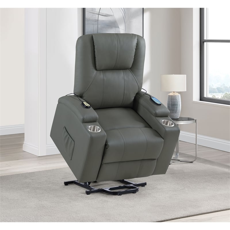Pemberly Row Transitional Faux Leather Power Lift Massage Recliner in Gray