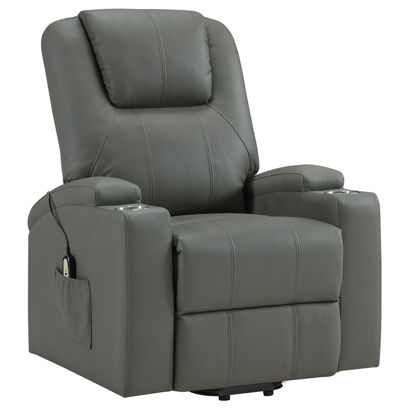 Pemberly Row Transitional Faux Leather Power Lift Massage Recliner in Gray