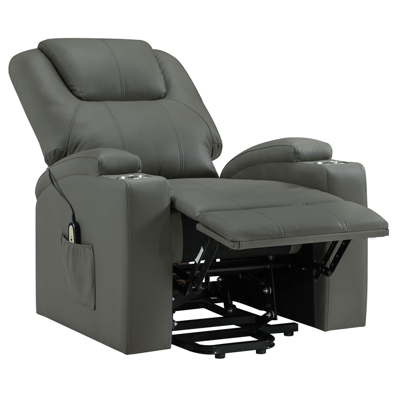 Pemberly Row Transitional Faux Leather Power Lift Massage Recliner in Gray