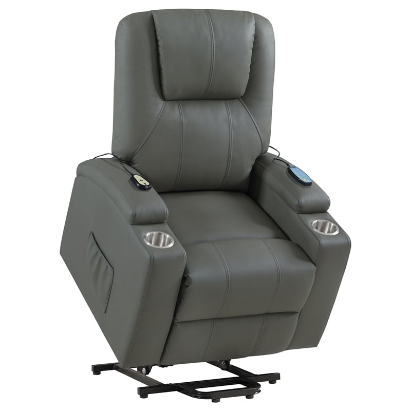 Pemberly Row Transitional Faux Leather Power Lift Massage Recliner in Gray
