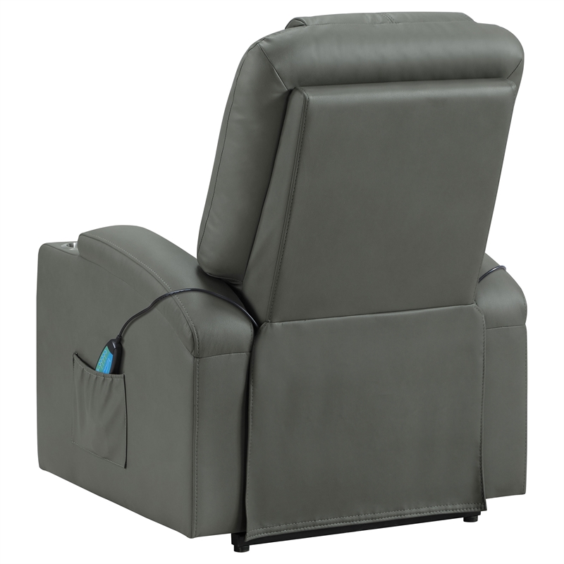 Pemberly Row Transitional Faux Leather Power Lift Massage Recliner in Gray