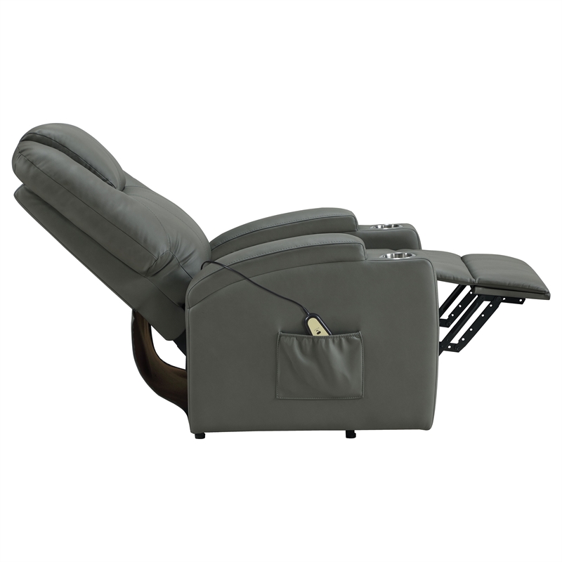 Pemberly Row Transitional Faux Leather Power Lift Massage Recliner in Gray