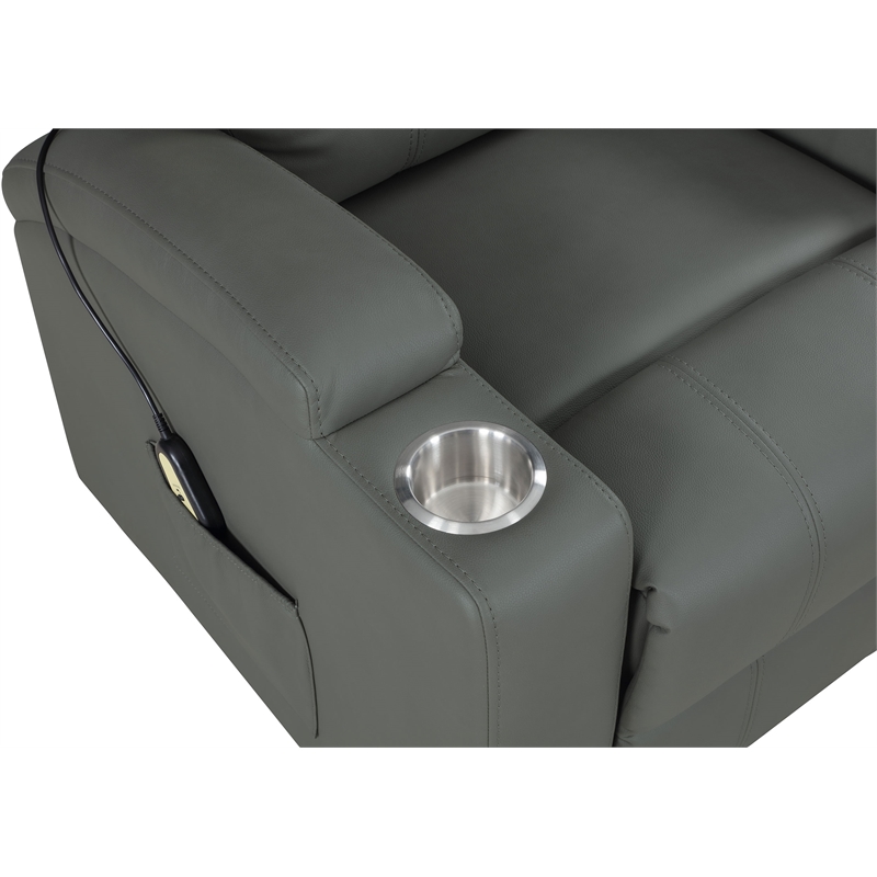 Pemberly Row Transitional Faux Leather Power Lift Massage Recliner in Gray